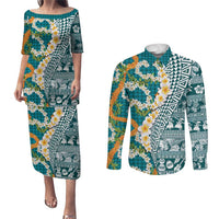 Hawaiian Plumeria Lei Couples Matching Puletasi and Long Sleeve Button Shirt Kakau Motifs and Palaka Half Style Turquoise Color LT03 Turquoise - Polynesian Pride