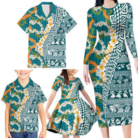 Hawaiian Plumeria Lei Family Matching Long Sleeve Bodycon Dress and Hawaiian Shirt Kakau Motifs and Palaka Half Style Turquoise Color LT03 - Polynesian Pride