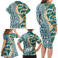 Hawaiian Plumeria Lei Family Matching Long Sleeve Bodycon Dress and Hawaiian Shirt Kakau Motifs and Palaka Half Style Turquoise Color LT03 - Polynesian Pride