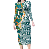 Hawaiian Plumeria Lei Family Matching Long Sleeve Bodycon Dress and Hawaiian Shirt Kakau Motifs and Palaka Half Style Turquoise Color LT03 Mom's Dress Turquoise - Polynesian Pride