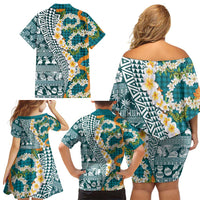 Hawaiian Plumeria Lei Family Matching Off Shoulder Short Dress and Hawaiian Shirt Kakau Motifs and Palaka Half Style Turquoise Color LT03 - Polynesian Pride