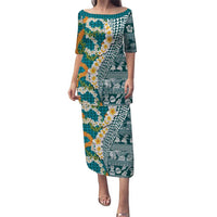 Hawaiian Plumeria Lei Family Matching Puletasi and Hawaiian Shirt Kakau Motifs and Palaka Half Style Turquoise Color LT03 Mom's Dress Turquoise - Polynesian Pride