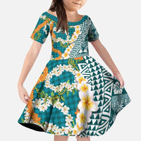 Hawaiian Plumeria Lei Family Matching Short Sleeve Bodycon Dress and Hawaiian Shirt Kakau Motifs and Palaka Half Style Turquoise Color LT03 Daughter's Dress Turquoise - Polynesian Pride