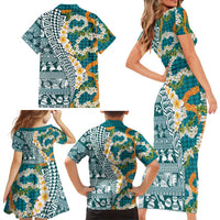 Hawaiian Plumeria Lei Family Matching Short Sleeve Bodycon Dress and Hawaiian Shirt Kakau Motifs and Palaka Half Style Turquoise Color LT03 - Polynesian Pride