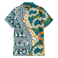 Hawaiian Plumeria Lei Family Matching Short Sleeve Bodycon Dress and Hawaiian Shirt Kakau Motifs and Palaka Half Style Turquoise Color LT03 - Polynesian Pride