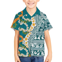 Hawaiian Plumeria Lei Family Matching Short Sleeve Bodycon Dress and Hawaiian Shirt Kakau Motifs and Palaka Half Style Turquoise Color LT03 Son's Shirt Turquoise - Polynesian Pride
