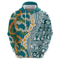 Hawaiian Plumeria Lei Hoodie Kakau Motifs and Palaka Half Style Turquoise Color - Polynesian Pride