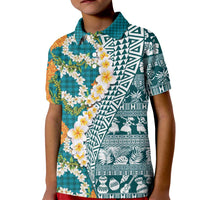 Hawaiian Plumeria Lei Kid Polo Shirt Kakau Motifs and Palaka Half Style Turquoise Color LT03 Kid Turquoise - Polynesian Pride