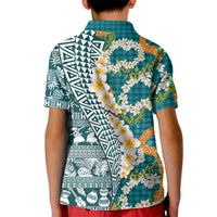 Hawaiian Plumeria Lei Kid Polo Shirt Kakau Motifs and Palaka Half Style Turquoise Color LT03 - Polynesian Pride