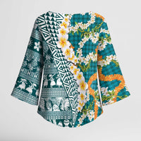 Hawaiian Plumeria Lei Kimono Sleeve Blouse Kakau Motifs and Palaka Half Style Turquoise Color - Polynesian Pride