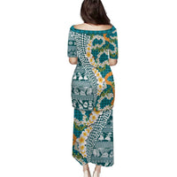 Hawaiian Plumeria Lei Puletasi Kakau Motifs and Palaka Half Style Turquoise Color - Polynesian Pride