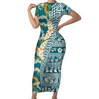 Hawaiian Plumeria Lei Short Sleeve Bodycon Dress Kakau Motifs and Palaka Half Style Turquoise Color LT03 Long Dress Turquoise - Polynesian Pride