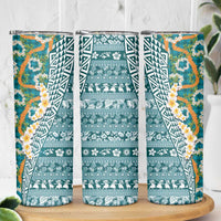 Hawaiian Plumeria Lei Skinny Tumbler Kakau Motifs and Palaka Half Style Turquoise Color LT03 - Polynesian Pride