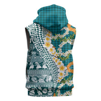 Hawaiian Plumeria Lei Sleeveless Hoodie Kakau Motifs and Palaka Half Style Turquoise Color LT03 - Polynesian Pride