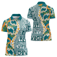 Hawaiian Plumeria Lei Women Polo Shirt Kakau Motifs and Palaka Half Style Turquoise Color LT03 - Polynesian Pride