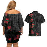 Hawaiian Kakau Art Couples Matching Off Shoulder Short Dress and Hawaiian Shirt Taro Leaves with Ohia Lehua and Pakala Pattern LT03 - Polynesian Pride