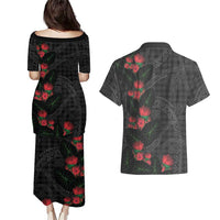 Hawaiian Kakau Art Couples Matching Puletasi and Hawaiian Shirt Taro Leaves with Ohia Lehua and Pakala Pattern - Polynesian Pride