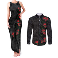 Hawaiian Kakau Art Couples Matching Tank Maxi Dress and Long Sleeve Button Shirt Taro Leaves with Ohia Lehua and Pakala Pattern LT03 Black - Polynesian Pride
