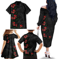 Hawaiian Kakau Art Family Matching Off The Shoulder Long Sleeve Dress and Hawaiian Shirt Taro Leaves with Ohia Lehua and Pakala Pattern LT03 - Polynesian Pride