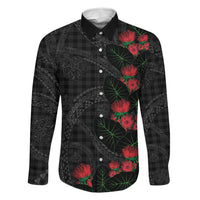 Hawaiian Kakau Art Family Matching Off Shoulder Short Dress and Hawaiian Shirt Taro Leaves with Ohia Lehua and Pakala Pattern LT03 Dad's Shirt - Long Sleeve Black - Polynesian Pride