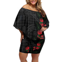 Hawaiian Kakau Art Family Matching Off Shoulder Short Dress and Hawaiian Shirt Taro Leaves with Ohia Lehua and Pakala Pattern LT03 Mom's Dress Black - Polynesian Pride