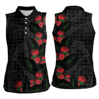 Hawaiian Kakau Art Women Sleeveless Polo Shirt Taro Leaves with Ohia Lehua and Pakala Pattern LT03 - Polynesian Pride