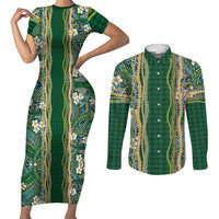 Hawaiian Art Flower Tribal with Lei Couples Matching Short Sleeve Bodycon Dress and Long Sleeve Button Shirt Palaka Pattern Green Color LT03 Green - Polynesian Pride