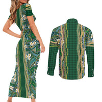 Hawaiian Art Flower Tribal with Lei Couples Matching Short Sleeve Bodycon Dress and Long Sleeve Button Shirt Palaka Pattern Green Color LT03 - Polynesian Pride
