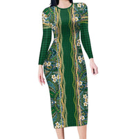 Hawaiian Art Flower Tribal with Lei Family Matching Long Sleeve Bodycon Dress and Hawaiian Shirt Palaka Pattern Green Color LT03 Mom's Dress Green - Polynesian Pride