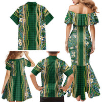 Hawaiian Art Flower Tribal with Lei Family Matching Mermaid Dress and Hawaiian Shirt Palaka Pattern Green Color LT03 - Polynesian Pride
