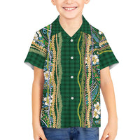 Hawaiian Art Flower Tribal with Lei Family Matching Mermaid Dress and Hawaiian Shirt Palaka Pattern Green Color LT03 Son's Shirt Green - Polynesian Pride