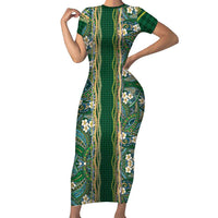 Hawaiian Art Flower Tribal with Lei Family Matching Short Sleeve Bodycon Dress and Hawaiian Shirt Palaka Pattern Green Color LT03 Mom's Dress Green - Polynesian Pride
