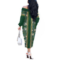 Hawaiian Art Flower Tribal with Lei Off The Shoulder Long Sleeve Dress Palaka Pattern Green Color - Polynesian Pride