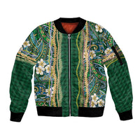 Hawaiian Art Flower Tribal with Lei Sleeve Zip Bomber Jacket Palaka Pattern Green Color LT03 Unisex Green - Polynesian Pride