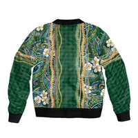 Hawaiian Art Flower Tribal with Lei Sleeve Zip Bomber Jacket Palaka Pattern Green Color LT03 - Polynesian Pride