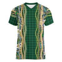 Hawaiian Art Flower Tribal with Lei Women V-Neck T-Shirt Palaka Pattern Green Color - Polynesian Pride