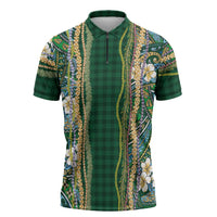 Hawaiian Art Flower Tribal with Lei Zipper Polo Shirt Palaka Pattern Green Color - Polynesian Pride