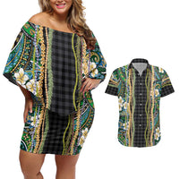 Hawaiian Art Flower Tribal with Lei Couples Matching Off Shoulder Short Dress and Hawaiian Shirt Palaka Pattern Black Color - Polynesian Pride