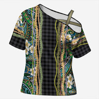 Hawaiian Art Flower Tribal with Lei Cross Shoulder Shirt Palaka Pattern Black Color - Polynesian Pride