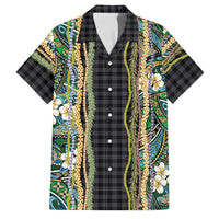 Hawaiian Art Flower Tribal with Lei Family Matching Long Sleeve Bodycon Dress and Hawaiian Shirt Palaka Pattern Black Color LT03 Dad's Shirt - Short Sleeve Black - Polynesian Pride
