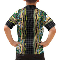 Hawaiian Art Flower Tribal with Lei Family Matching Off The Shoulder Long Sleeve Dress and Hawaiian Shirt Palaka Pattern Black Color LT03 - Polynesian Pride