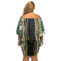 Hawaiian Art Flower Tribal with Lei Off Shoulder Short Dress Palaka Pattern Black Color - Polynesian Pride