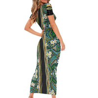 Hawaiian Art Flower Tribal with Lei Short Sleeve Bodycon Dress Palaka Pattern Black Color - Polynesian Pride