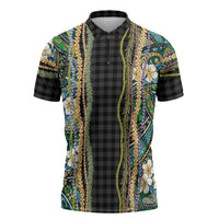Hawaiian Art Flower Tribal with Lei Zipper Polo Shirt Palaka Pattern Black Color - Polynesian Pride