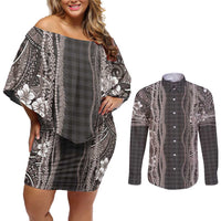 Hawaiian Art Flower Tribal with Lei Couples Matching Off Shoulder Short Dress and Long Sleeve Button Shirt Palaka Pattern Grayscale LT03 Gray - Polynesian Pride