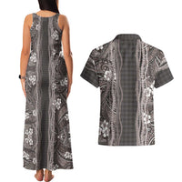 Hawaiian Art Flower Tribal with Lei Couples Matching Tank Maxi Dress and Hawaiian Shirt Palaka Pattern Grayscale - Polynesian Pride