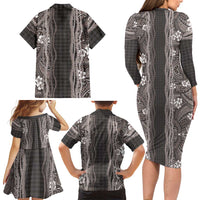 Hawaiian Art Flower Tribal with Lei Family Matching Long Sleeve Bodycon Dress and Hawaiian Shirt Palaka Pattern Grayscale LT03 - Polynesian Pride