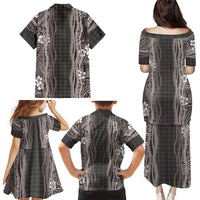 Hawaiian Art Flower Tribal with Lei Family Matching Puletasi and Hawaiian Shirt Palaka Pattern Grayscale - Polynesian Pride