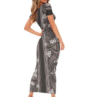 Hawaiian Art Flower Tribal with Lei Family Matching Short Sleeve Bodycon Dress and Hawaiian Shirt Palaka Pattern Grayscale LT03 - Polynesian Pride