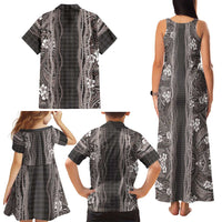 Hawaiian Art Flower Tribal with Lei Family Matching Tank Maxi Dress and Hawaiian Shirt Palaka Pattern Grayscale LT03 - Polynesian Pride